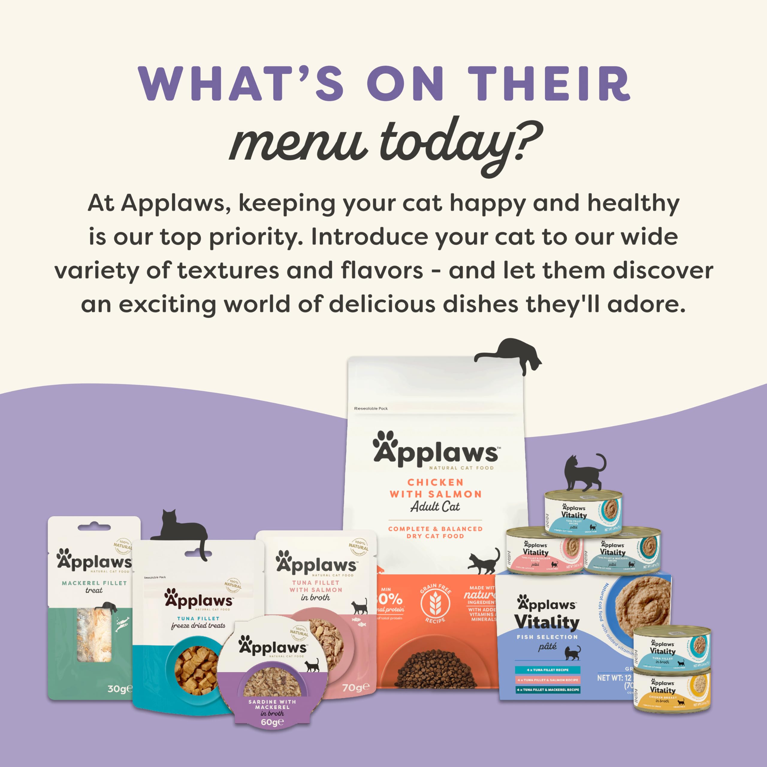 Gato disfrutando Applaws Vitality, experiencia de comida sabrosa en casa.