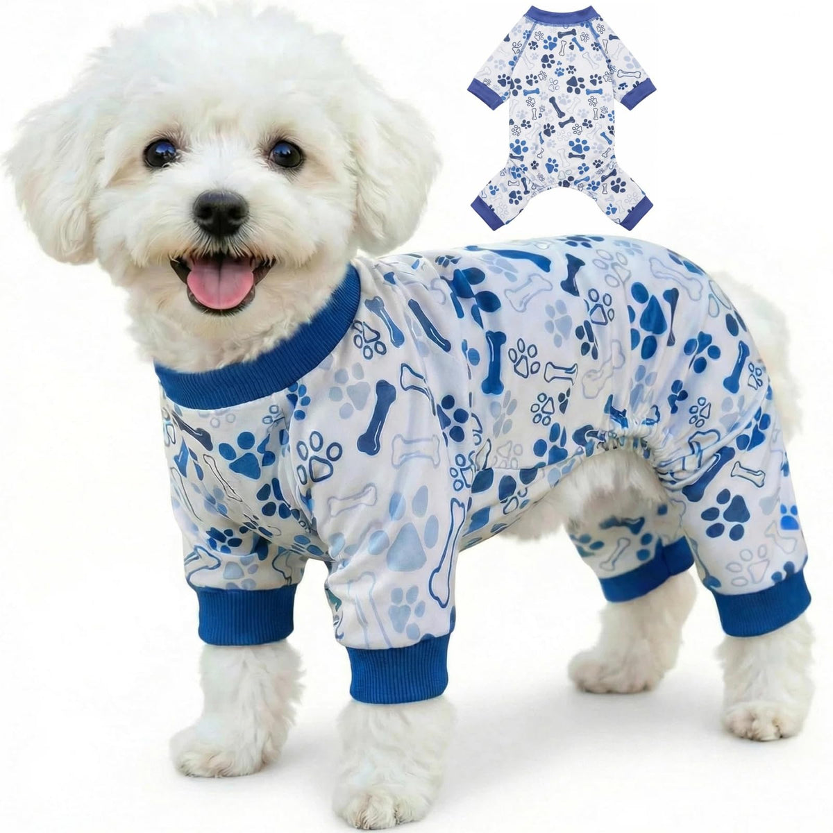 Onesie calmante para perros, ajuste elástico facilita ponerse y comodidad.