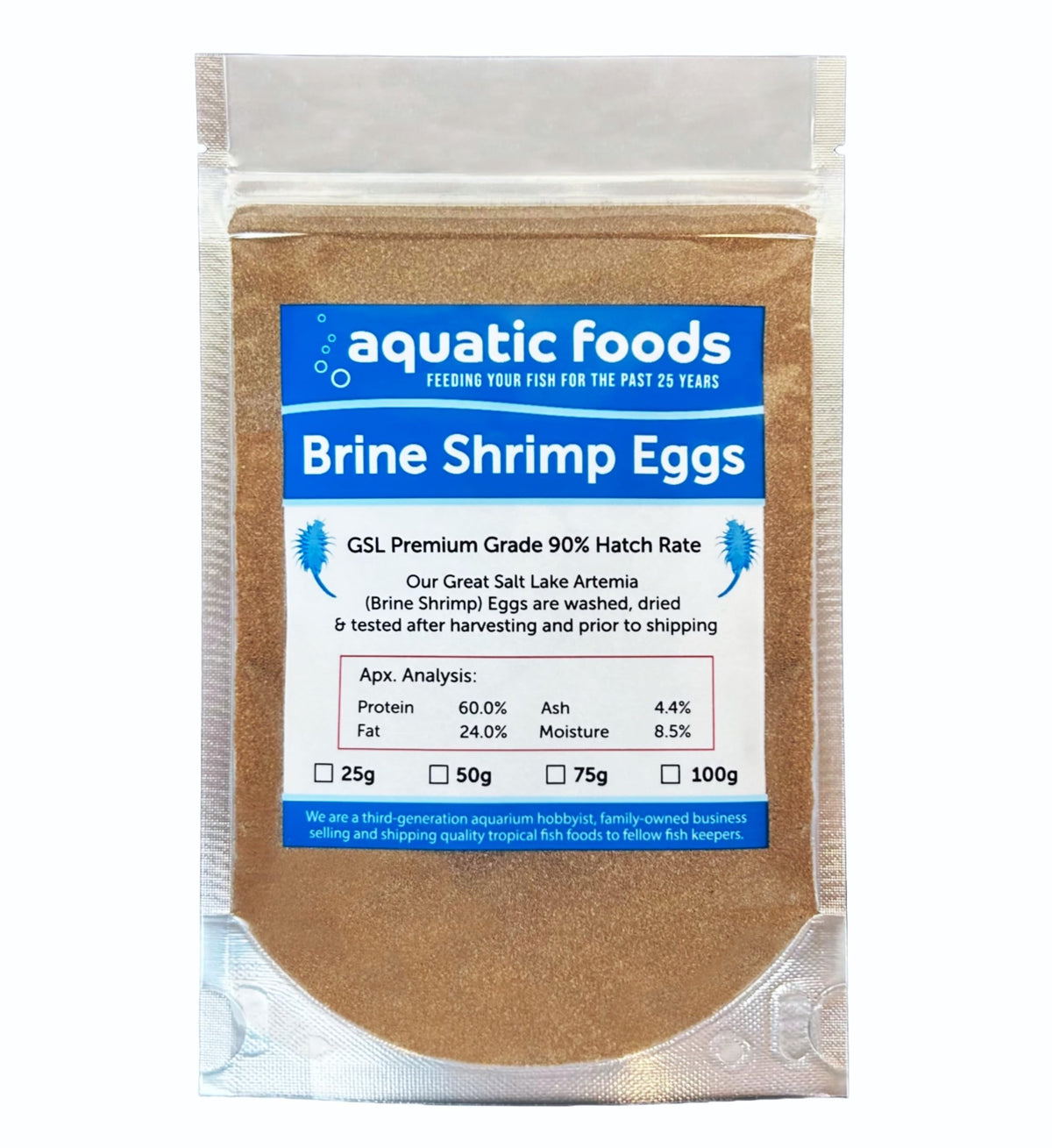 Aquatic Foods Huevos de Artemia en empaque de 25 g, ideal para crías.