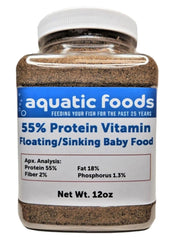 Alimento para alevinos de Aquatic Foods Inc. en frasco de 12 onzas, alto en proteína.