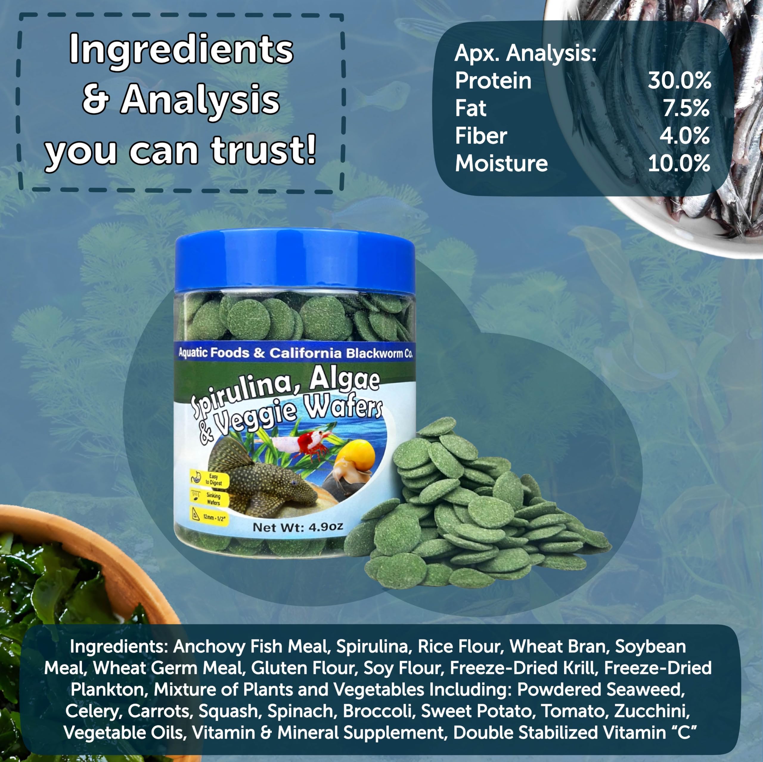 Mezcla de alimentos Aquatic Foods, variedad de plantas y vegetales para peces.