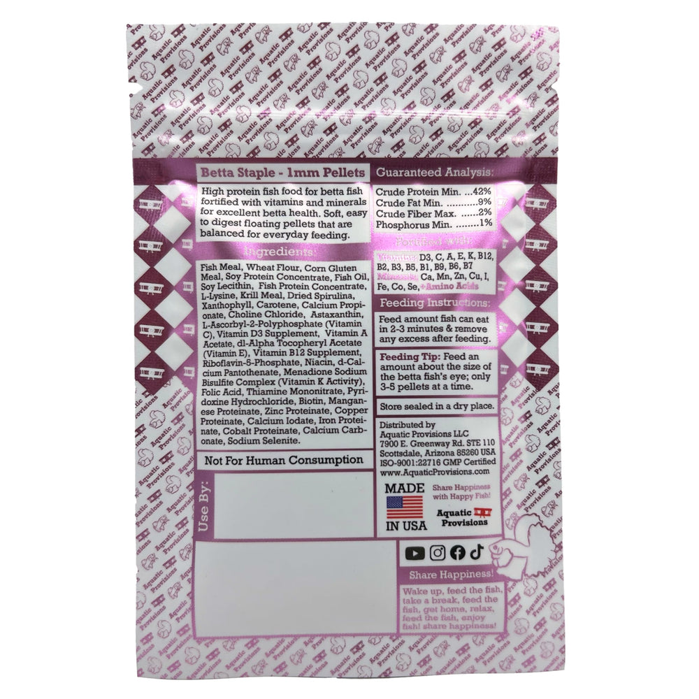 Aquatic Provisions Betta Staple, envase con cierre de 10 g para frescura sostenida.