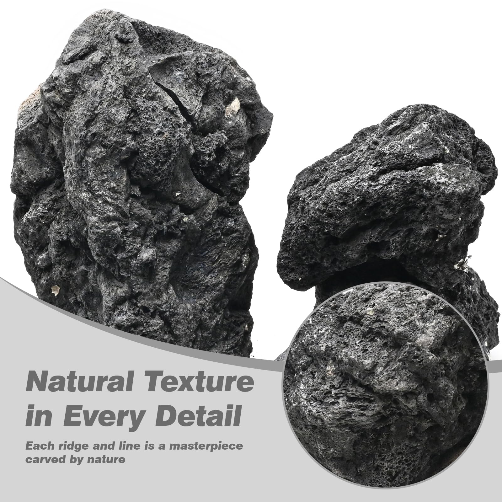 Piedras volcánicas AQUATIS para fuego exterior, resistente al calor y acabado rústico.