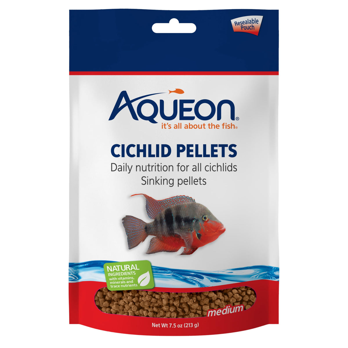 Aqueon Alimento cíclidos, frontal del envase, promueve colores vivos.