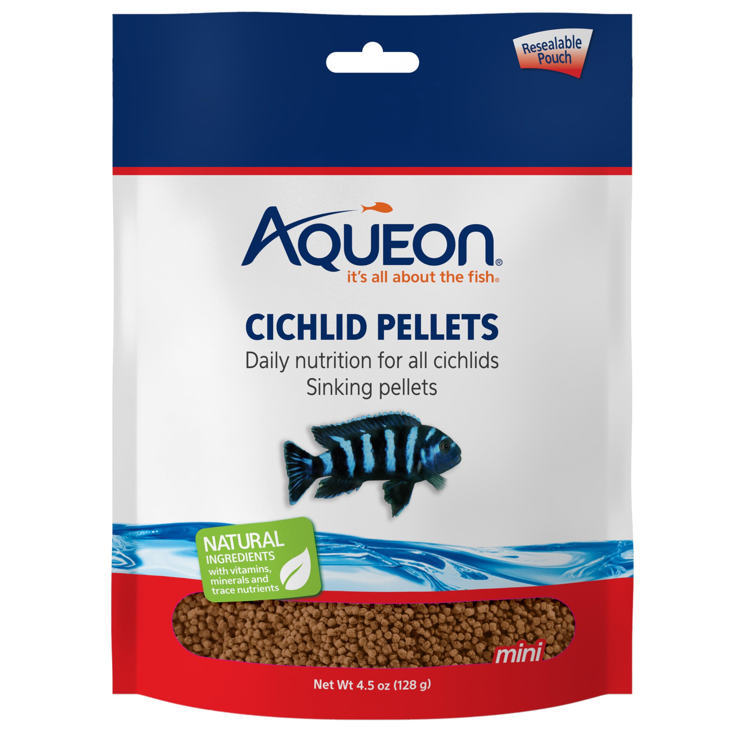 Aqueon Alimento Cíclidos Mini en envase, apto para crecimiento y coloración saludable.