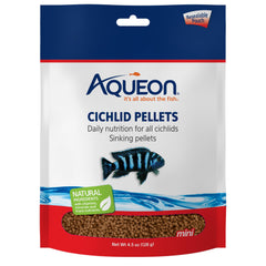 Aqueon Alimento Cíclidos Mini en envase, apto para crecimiento y coloración saludable.