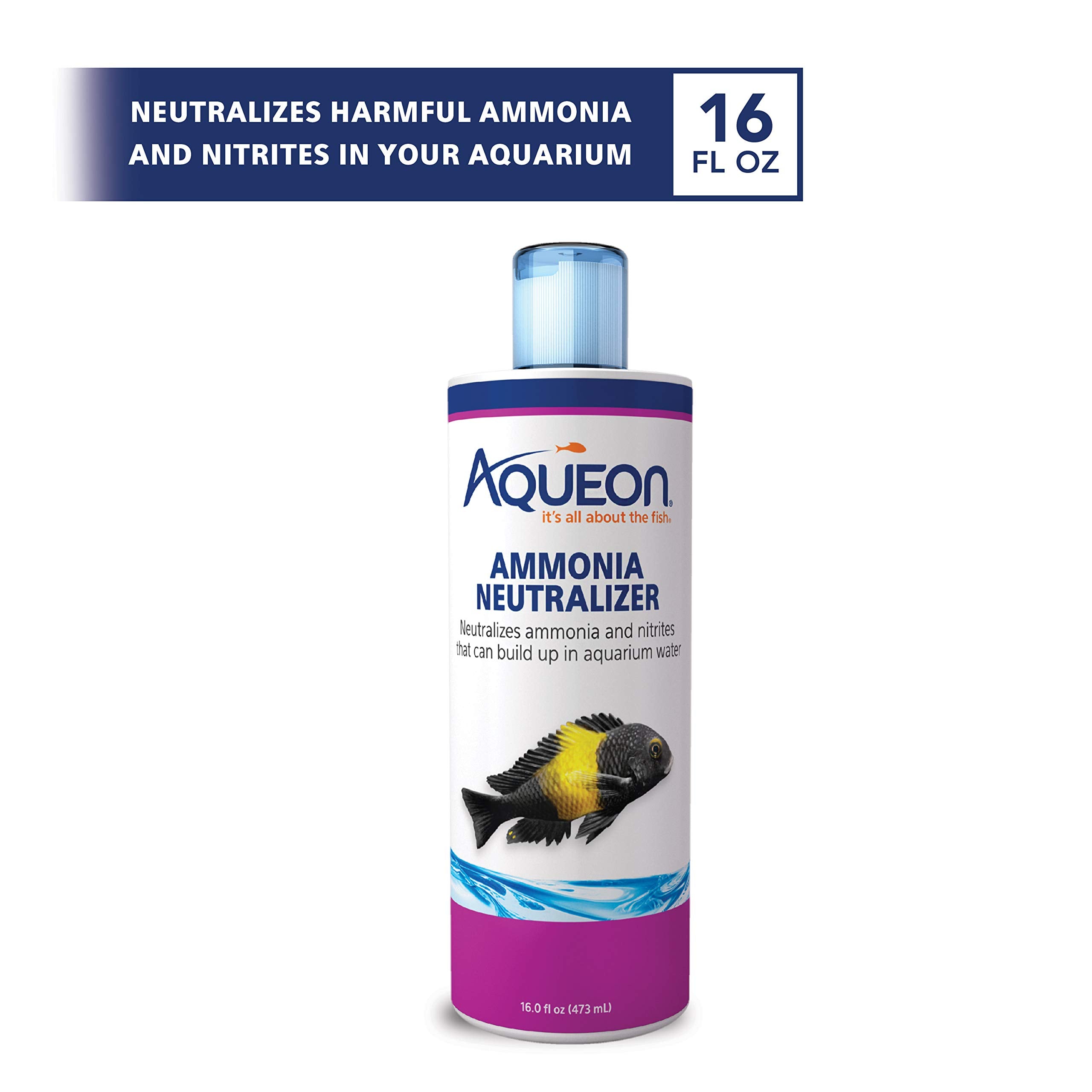 Aqueon neutralizador de amoníaco con etiqueta frontal indica dosis y uso correcto.