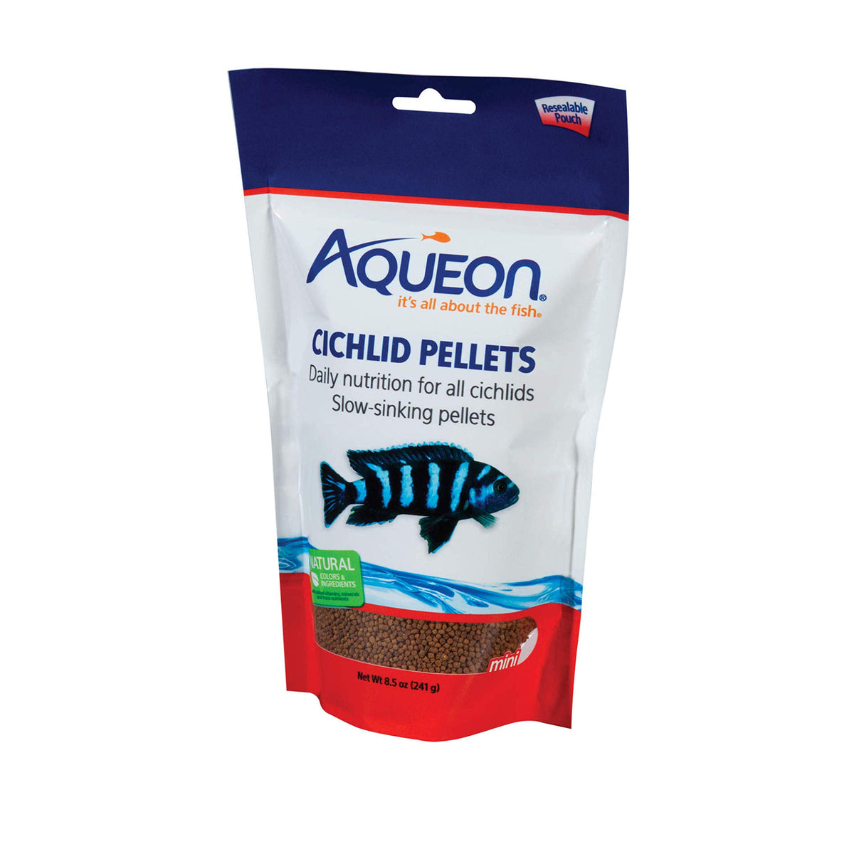 Alimento Aqueon Cichlid Mini: presentación del envase, fácil de dosificar.