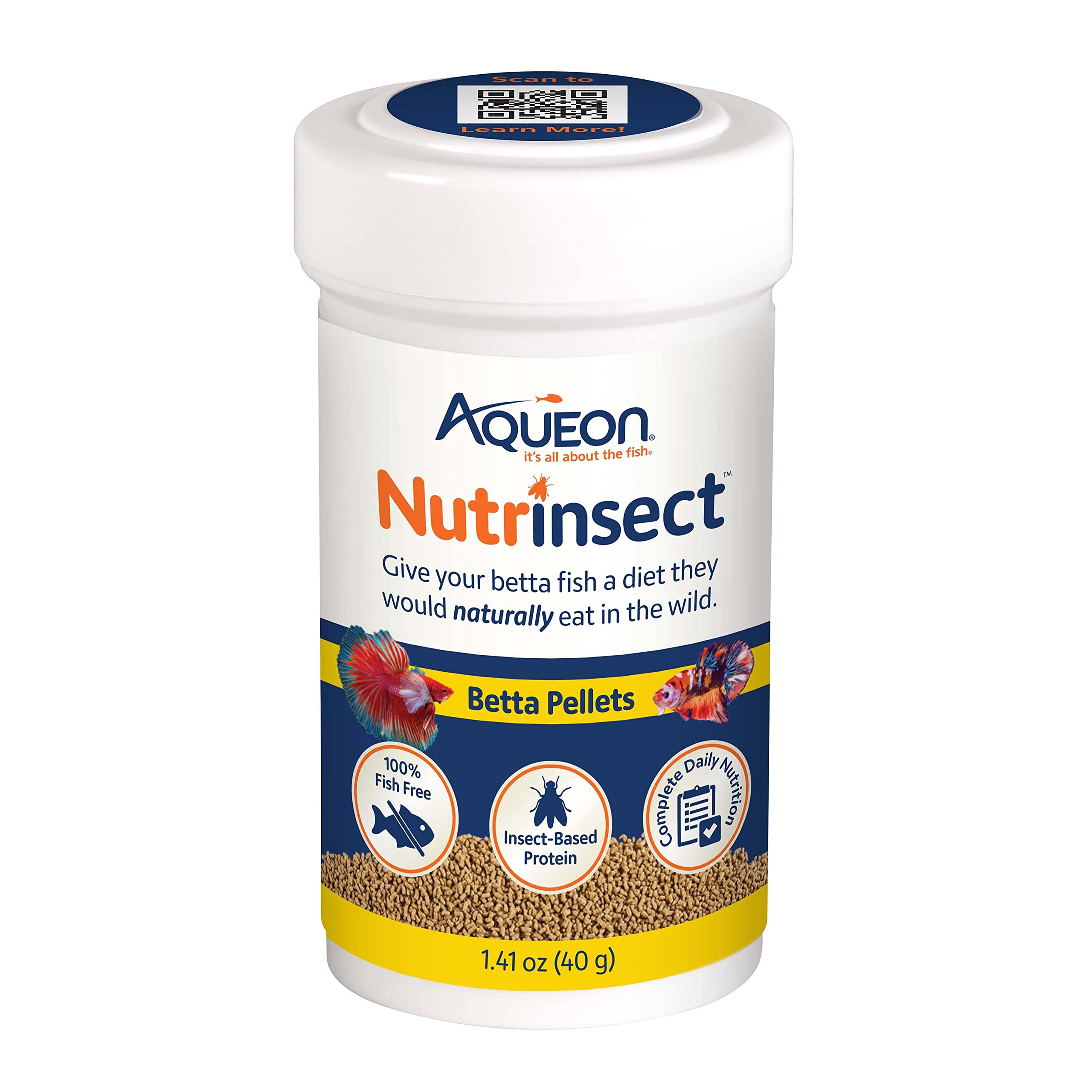 Envase de Aqueon Nutrinsect con pellets para betta, apoyo digestivo.