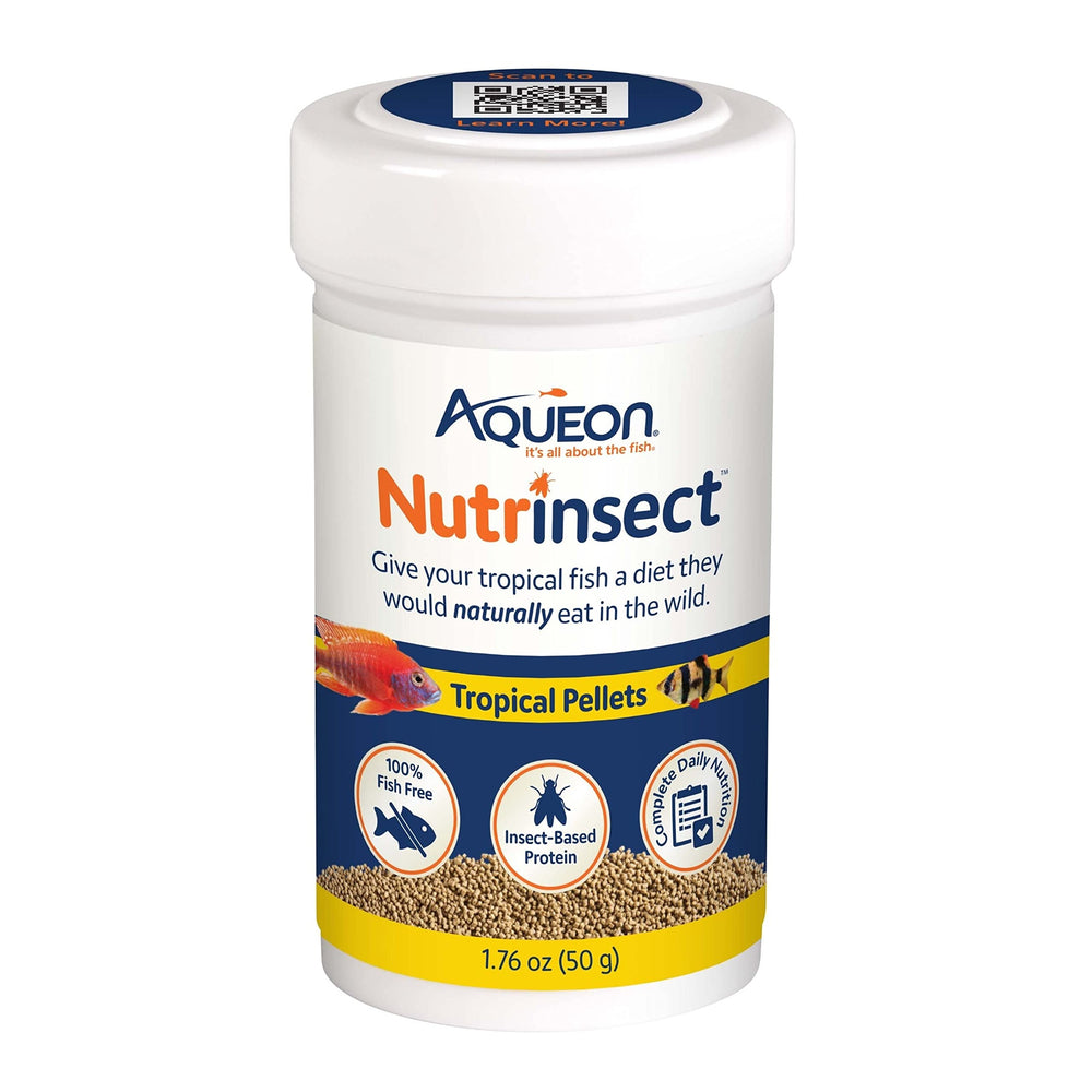 Pellets tropicales de Aqueon Nutrinsect en empaque, opción libre de pescado.