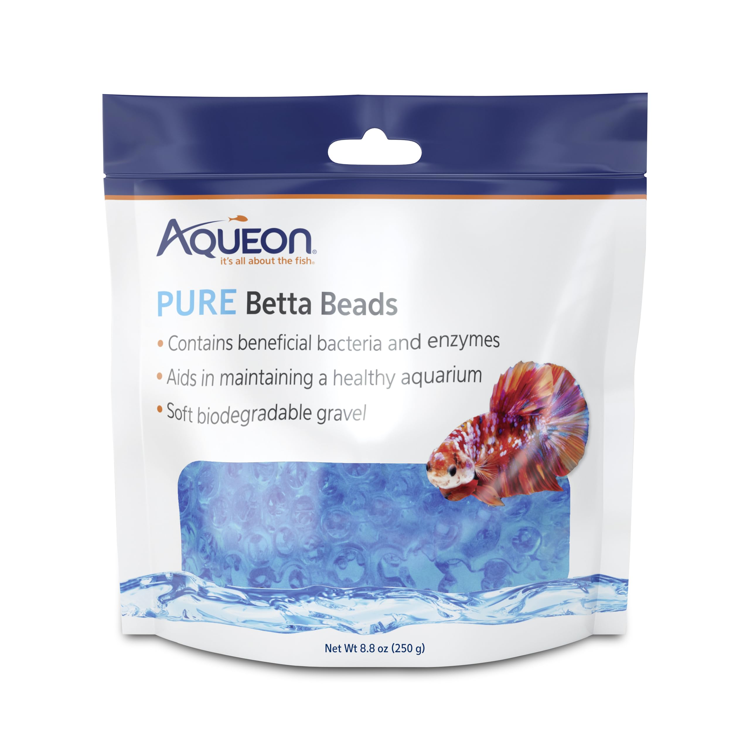 Aqueon PURE Betta Beads en acuario, promueven agua clara para bettas