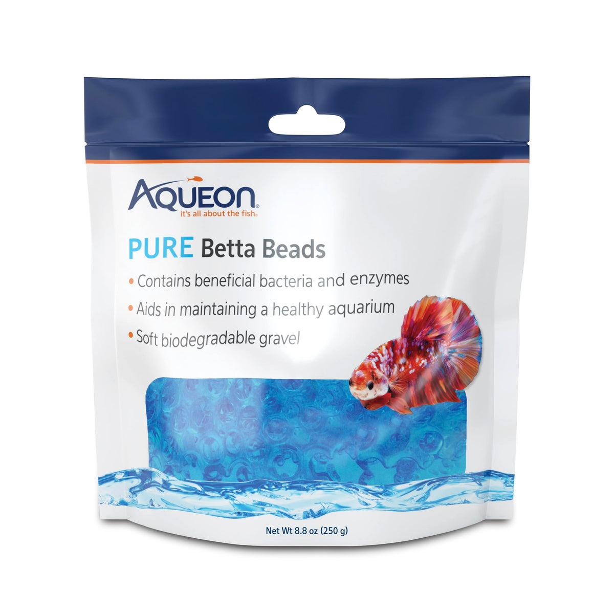 Aqueon PURE Betta Beads en acuario, promueven agua clara para bettas