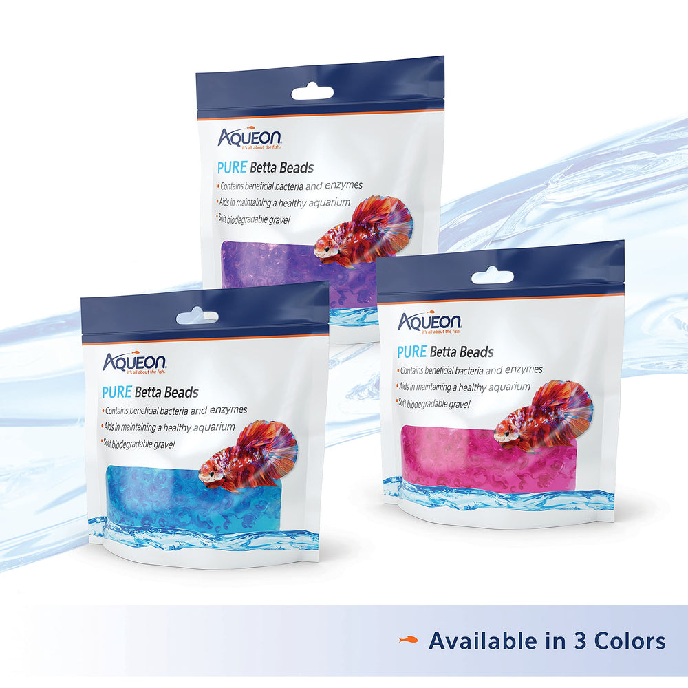 Aqueon Pure Betta Beads morado: reemplazo mensual y limpieza de residuos de comida.