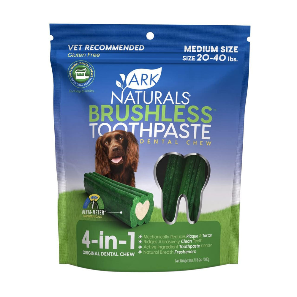 ARK NATURALS Brushless Toothpaste para perros medianos: chuches dentales en bolsa de 18 oz para reducir placa.