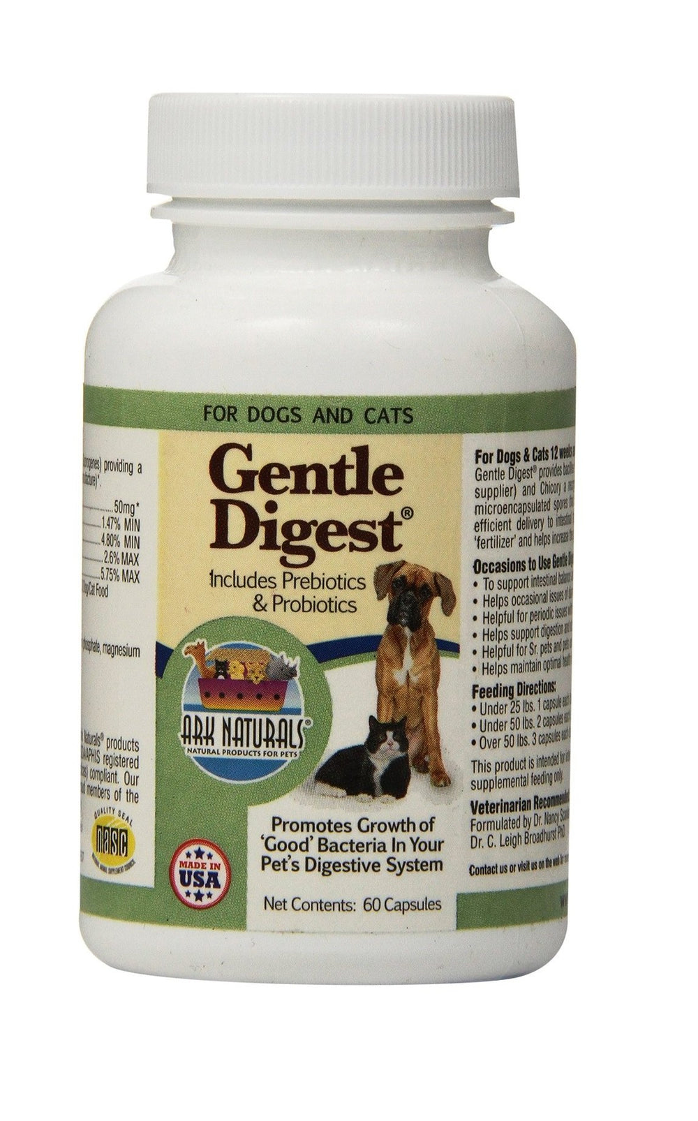 ARK NATURALS Digestivo Suave envase con cápsulas fáciles de tragar para perros y gatos.
