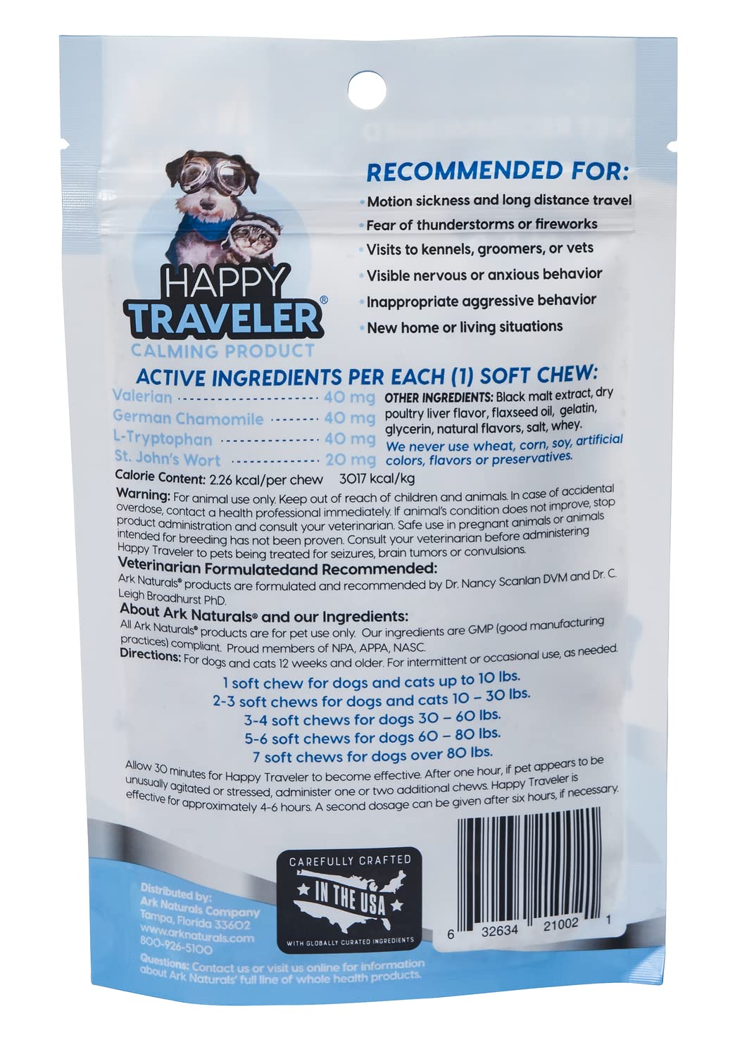 ARK NATURALS Happy Traveler etiqueta: destacan ingredientes calmantes para mascotas