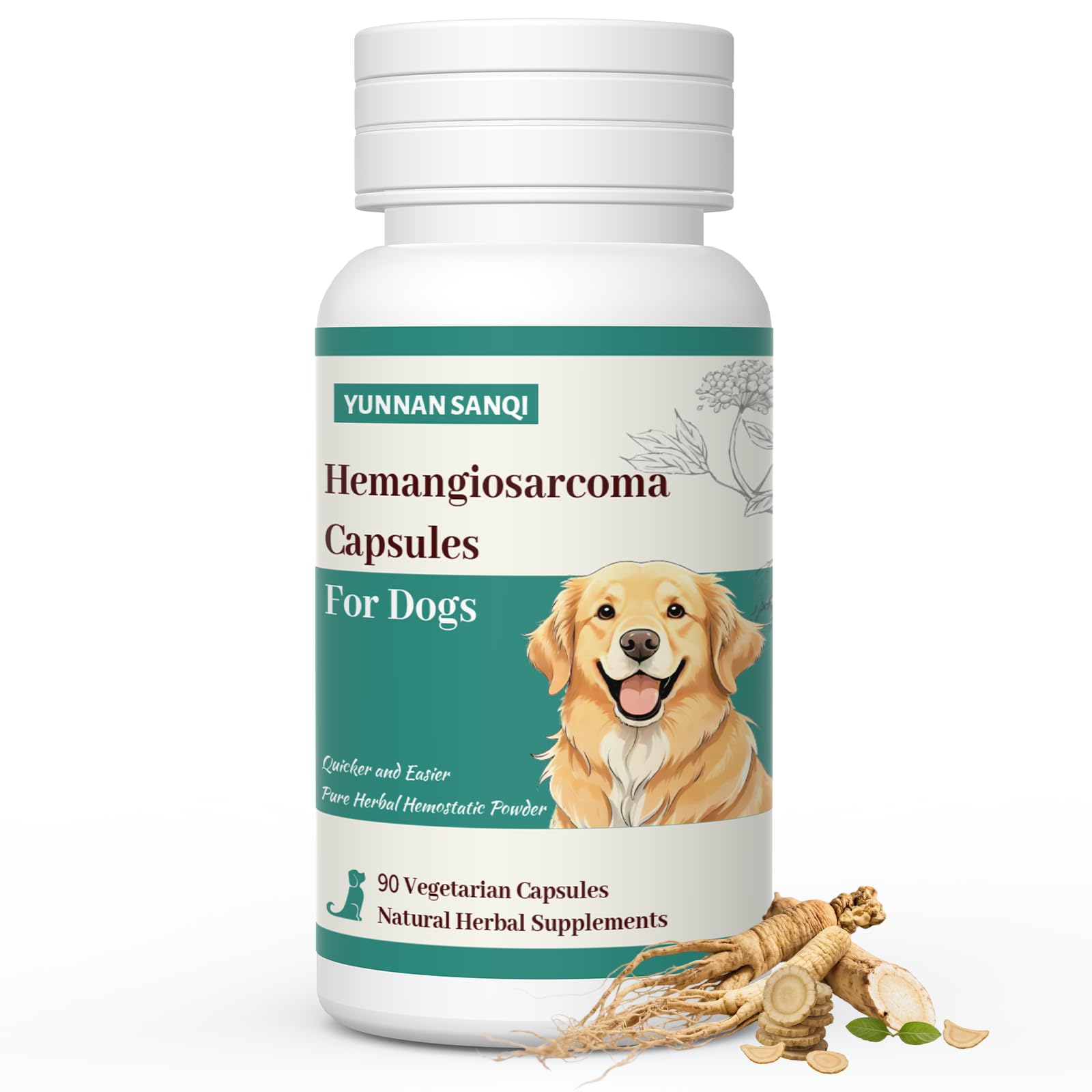 Arlistatmax Yunnan Sanqi cápsulas en botella, muestra de producto para perros y su uso.