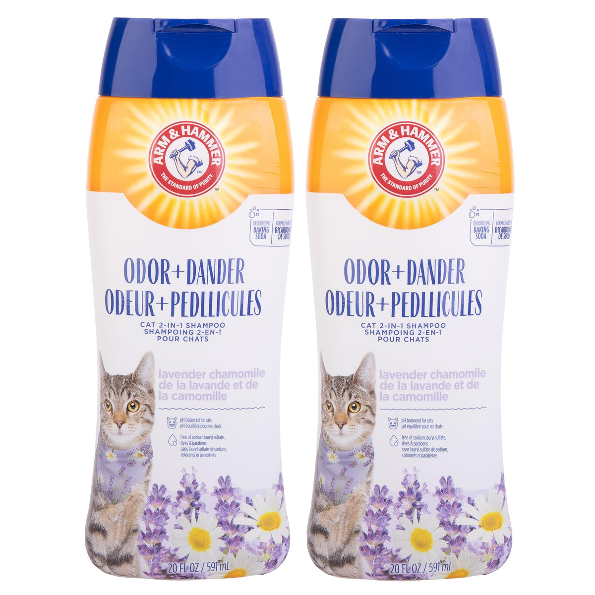 Arm & Hammer champú para gato 2 en 1, frontal de botella, desodorizante