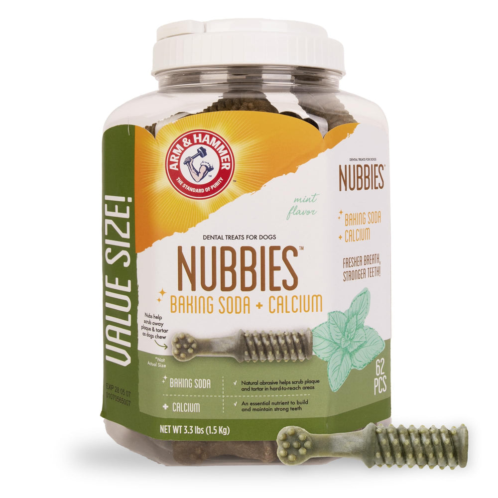 Arm & Hammer Nubbies dentales: textura de nudillos para limpieza suave al masticar.