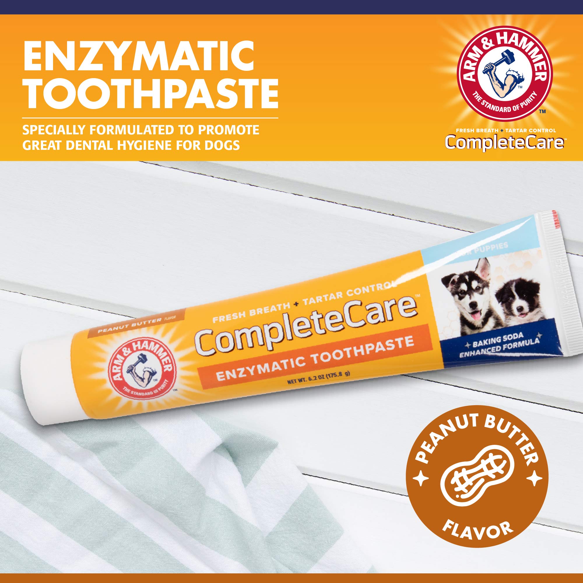 Pasta dental Arm & Hammer para cachorros, sabor mantequilla de mani para cepillado agradable.