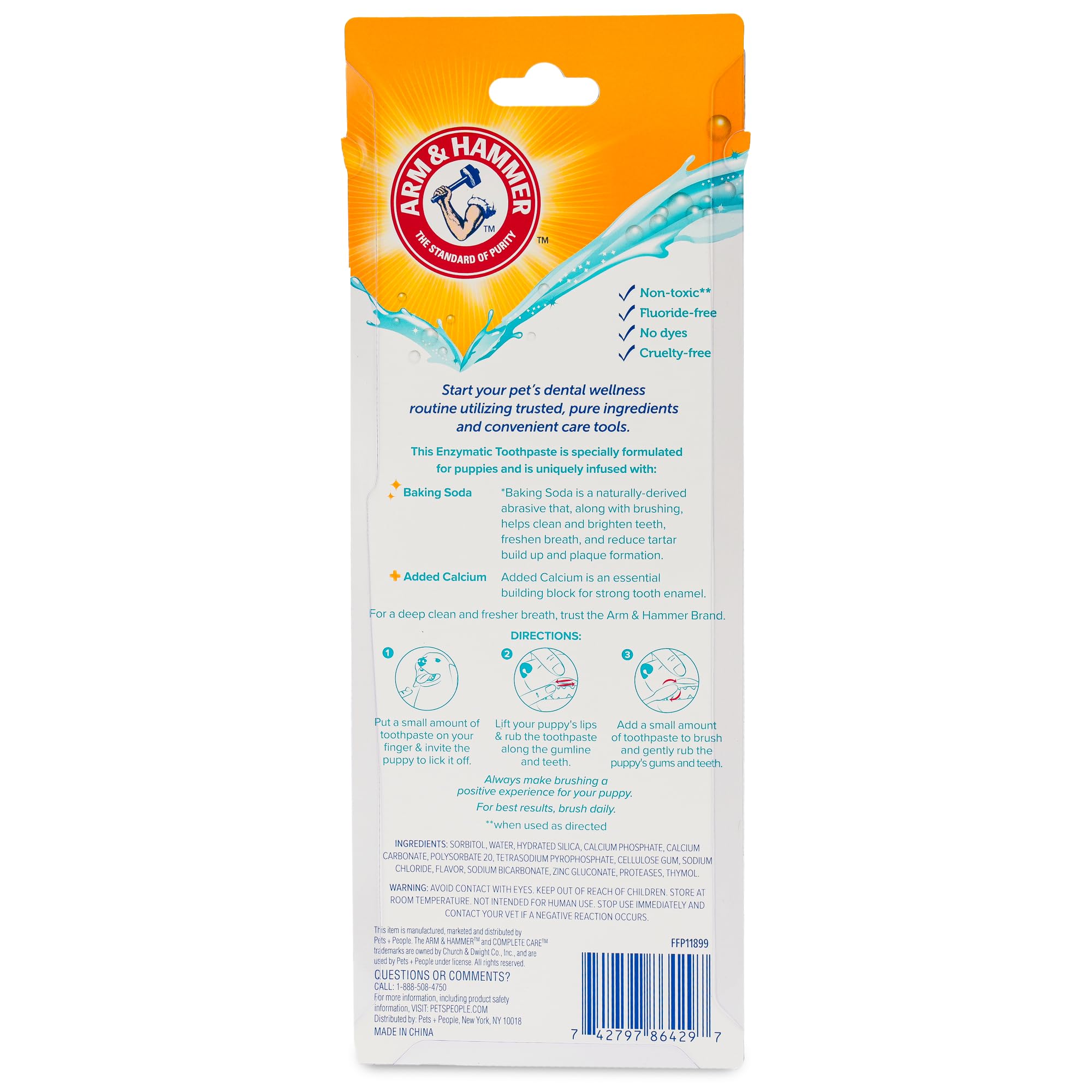 Guía de uso diario para cuidado dental de perros pequeños con Arm & Hammer.