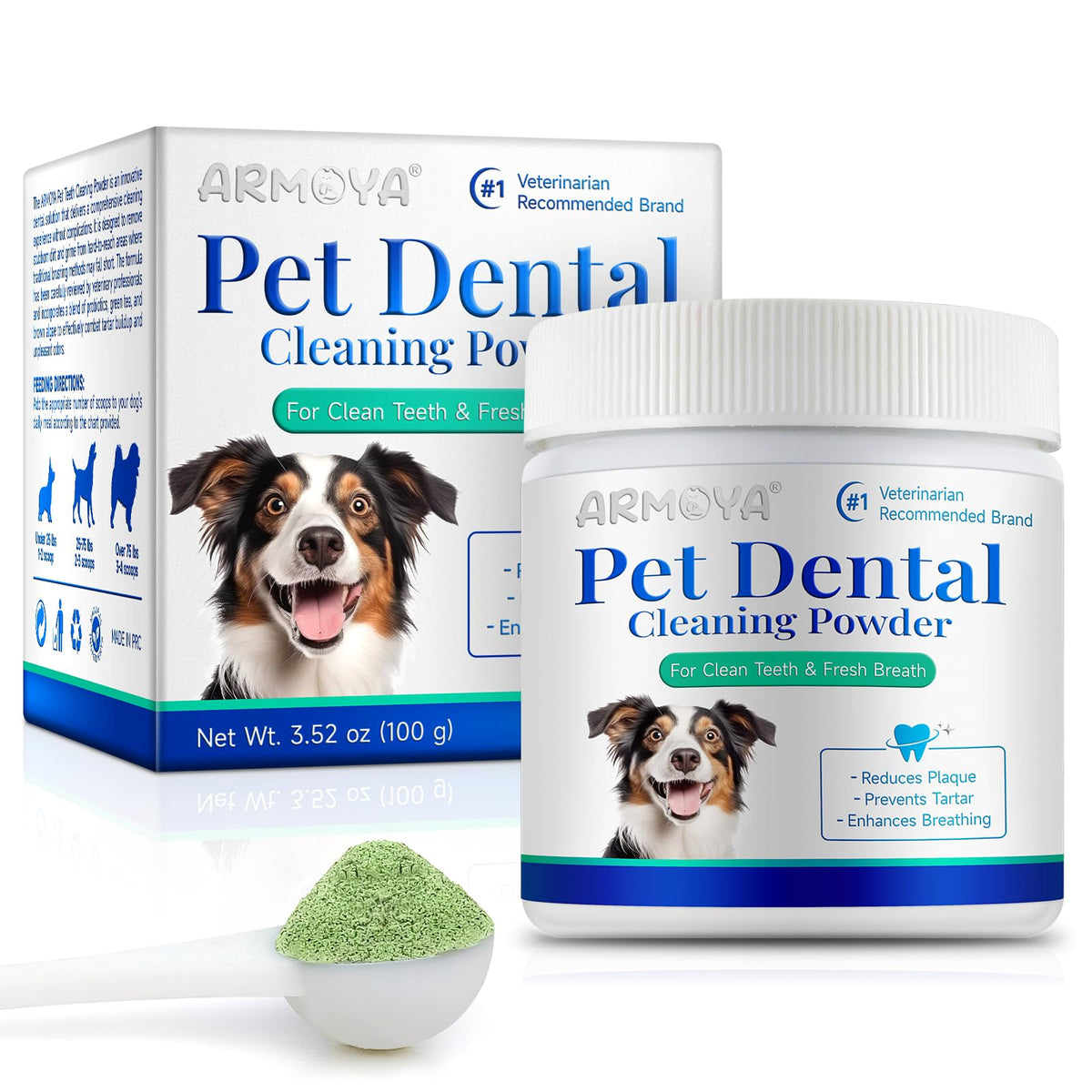 ARMOYA polvo dental para perros junto al tazón, aliento más fresco