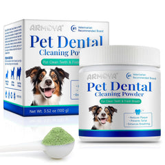 ARMOYA polvo dental para perros junto al tazón, aliento más fresco