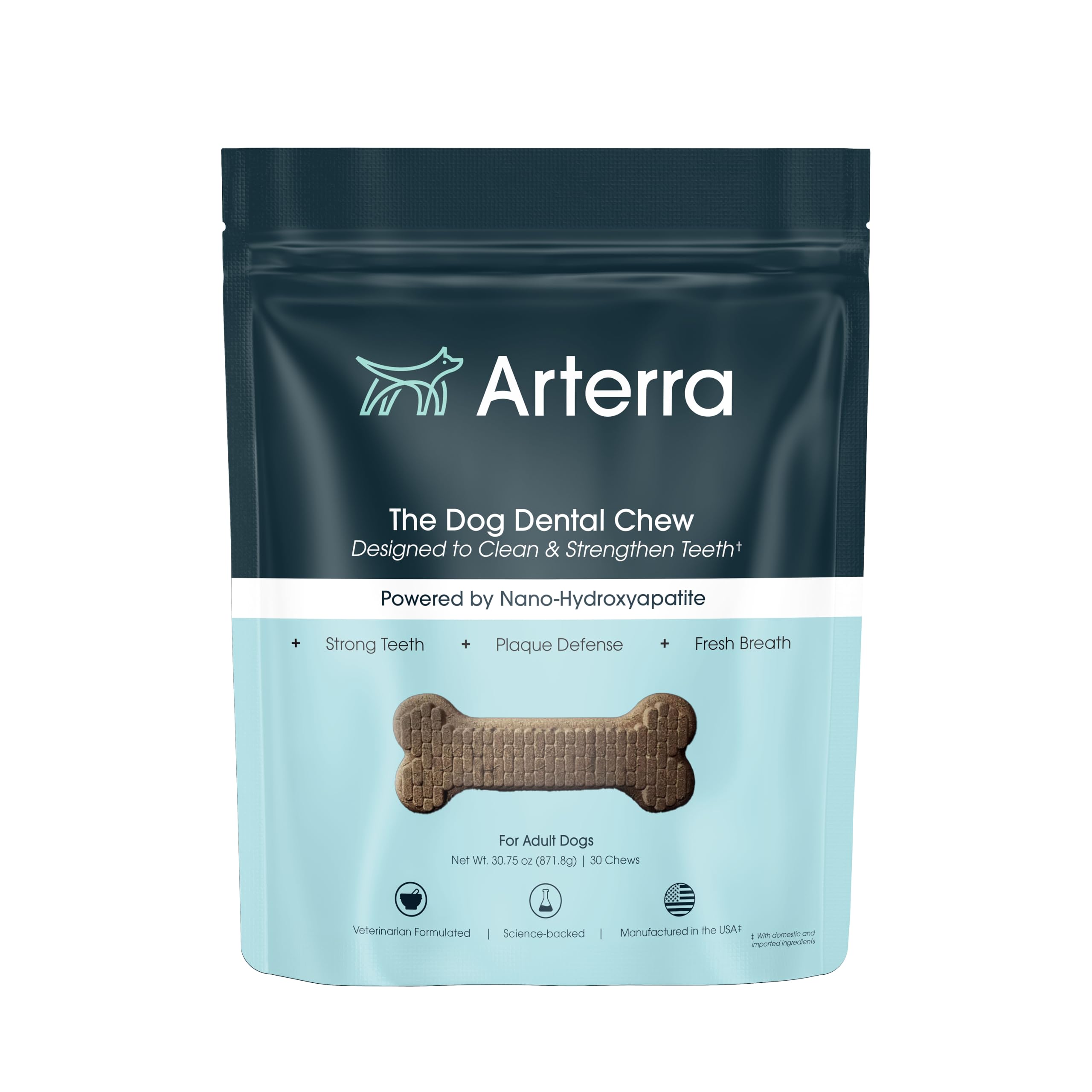 Empaque de Arterra Pet Science masticables dentales con nano-hidroxiapatita para dientes sanos