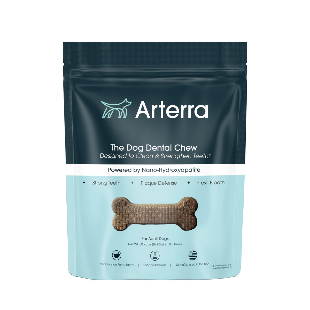 Empaque de Arterra Pet Science masticables dentales con nano-hidroxiapatita para dientes sanos