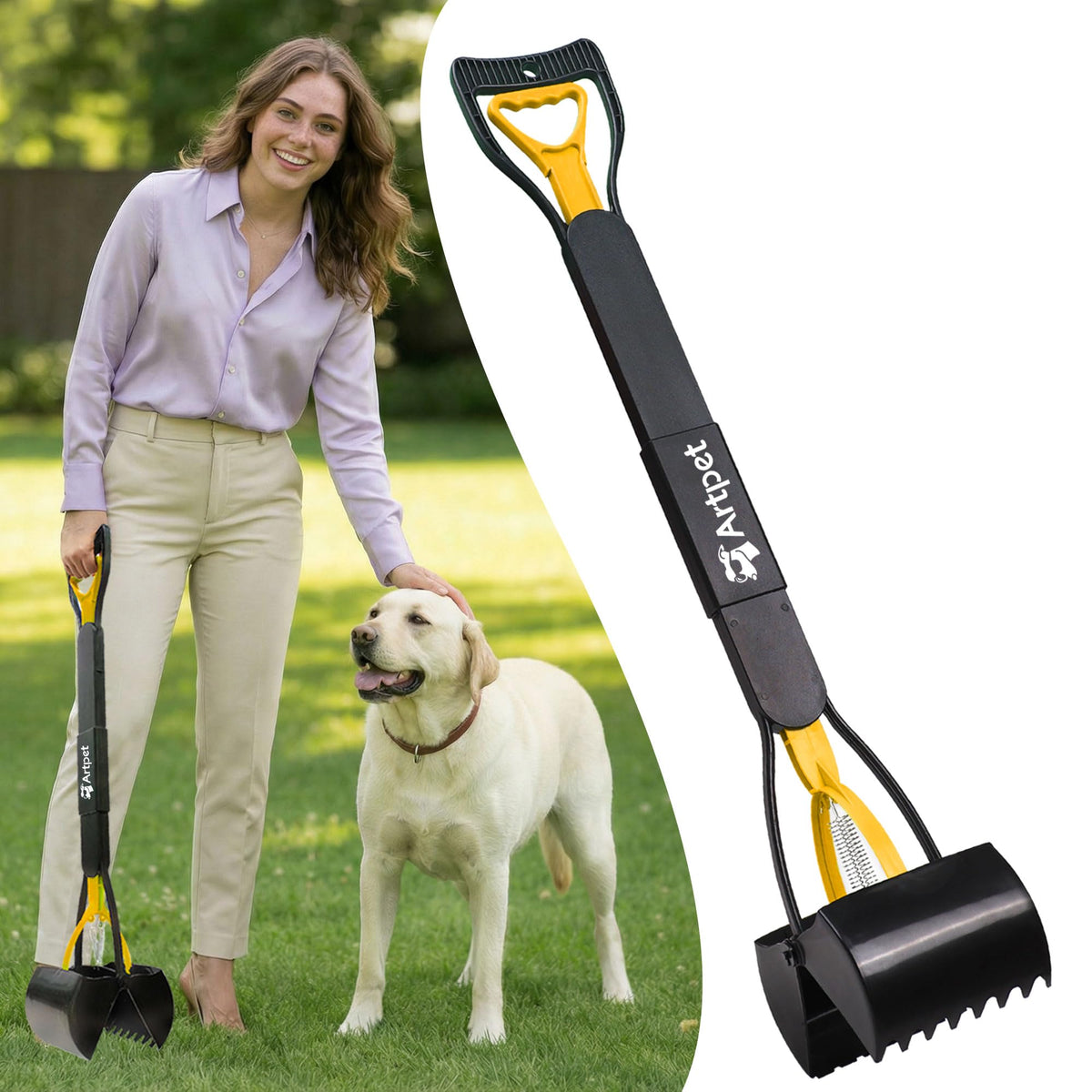 Artpet mango largo 32 pulgadas facilita recoger heces sin agacharse.