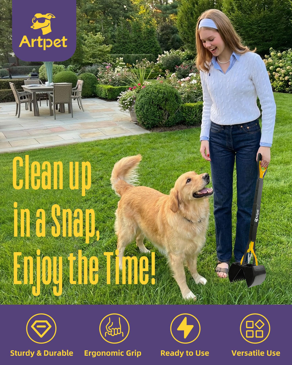 Artpet uso en césped y grava para limpieza eficiente y suave.