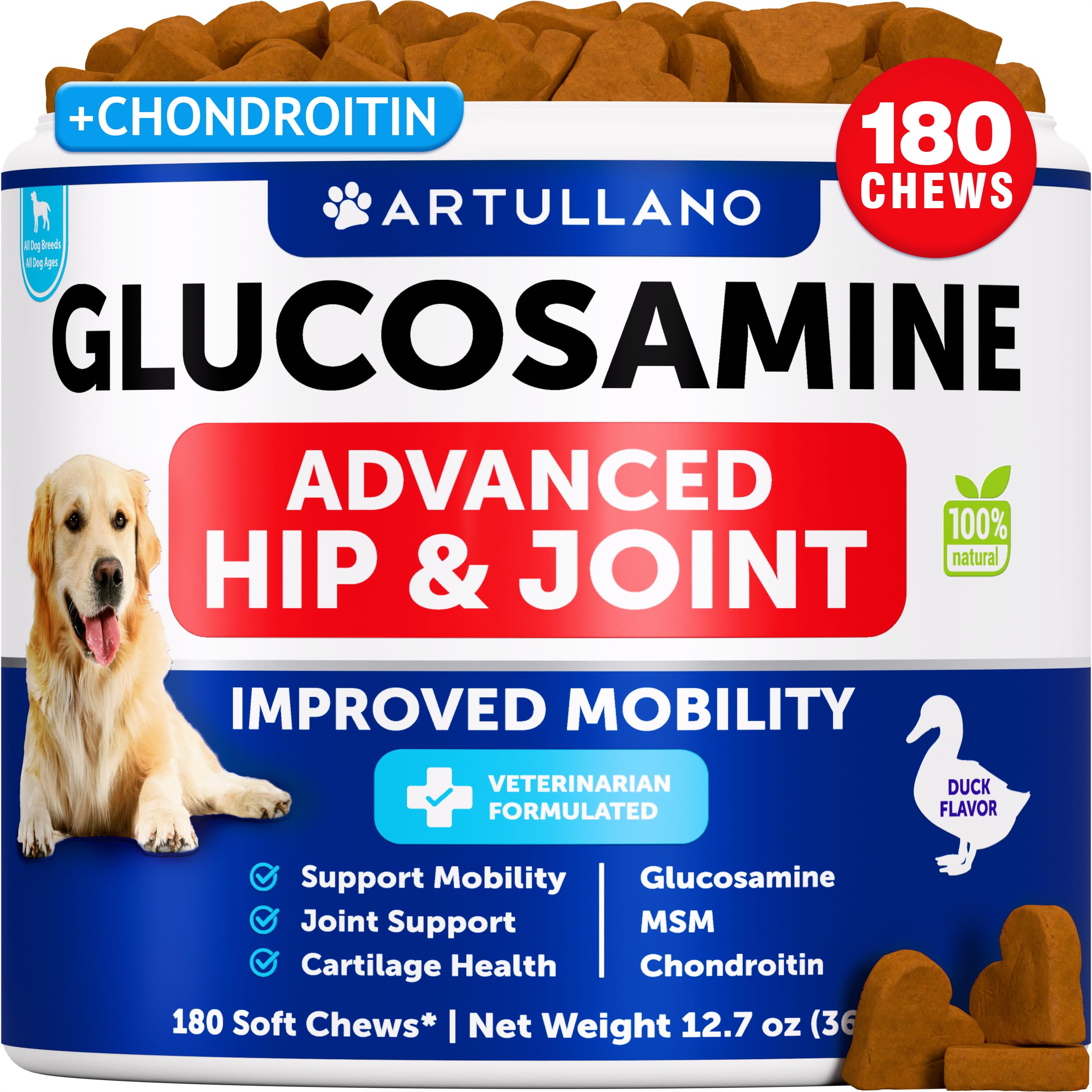 Artullano Glucosamina para perros: botella mostrando el suplemento para articulaciones saludables