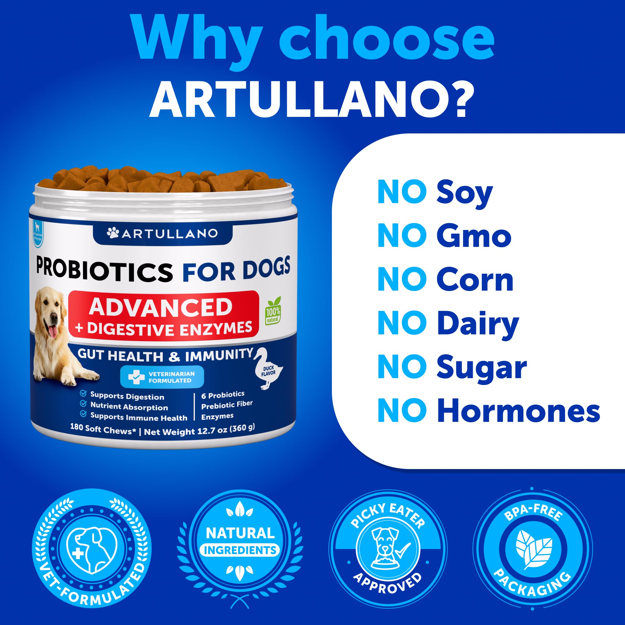 Artullano Probióticos para perros apoyo inmunitario y piel saludable.