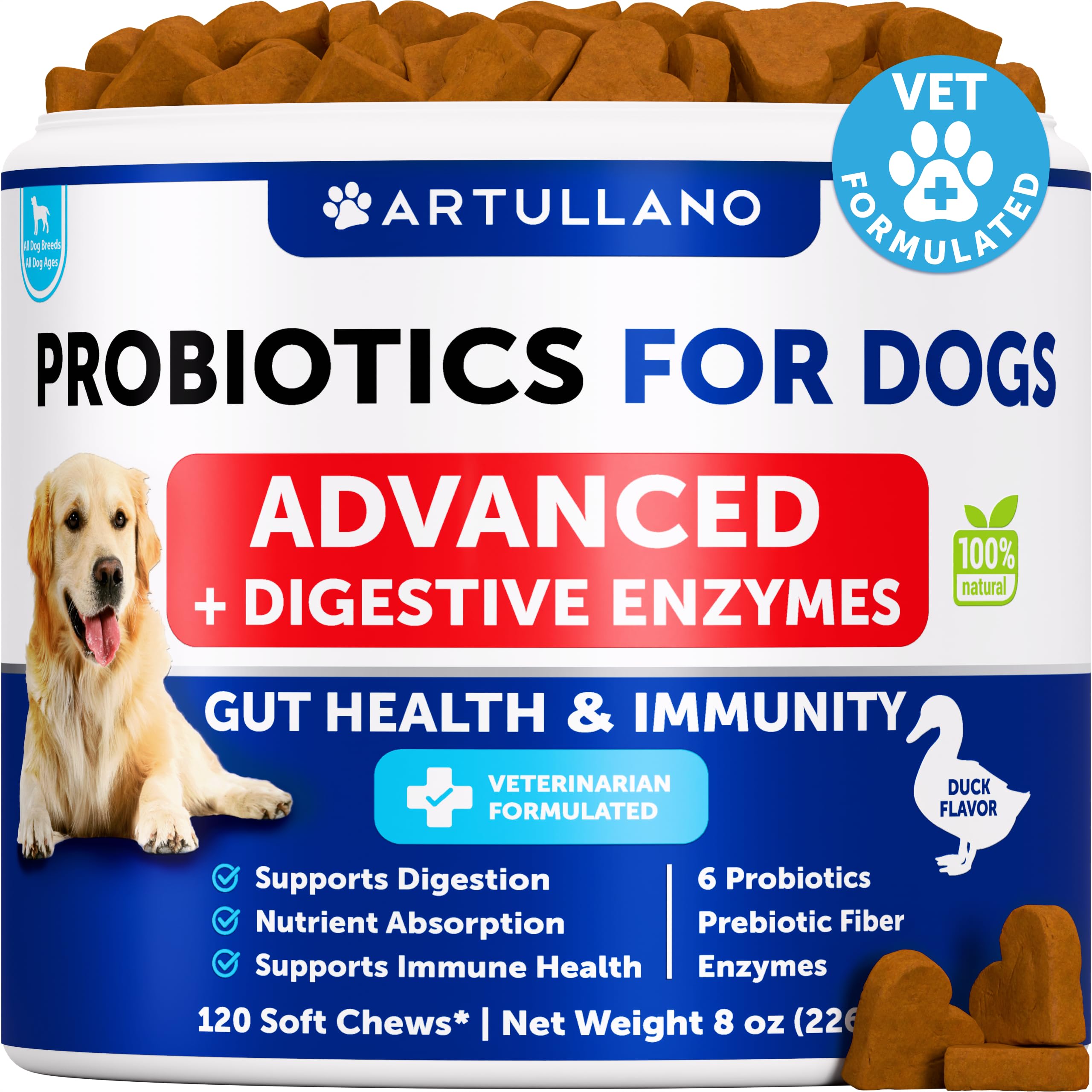 Artullano probióticos para perros: gomitas sabor pato, apoyo digestivo suave.