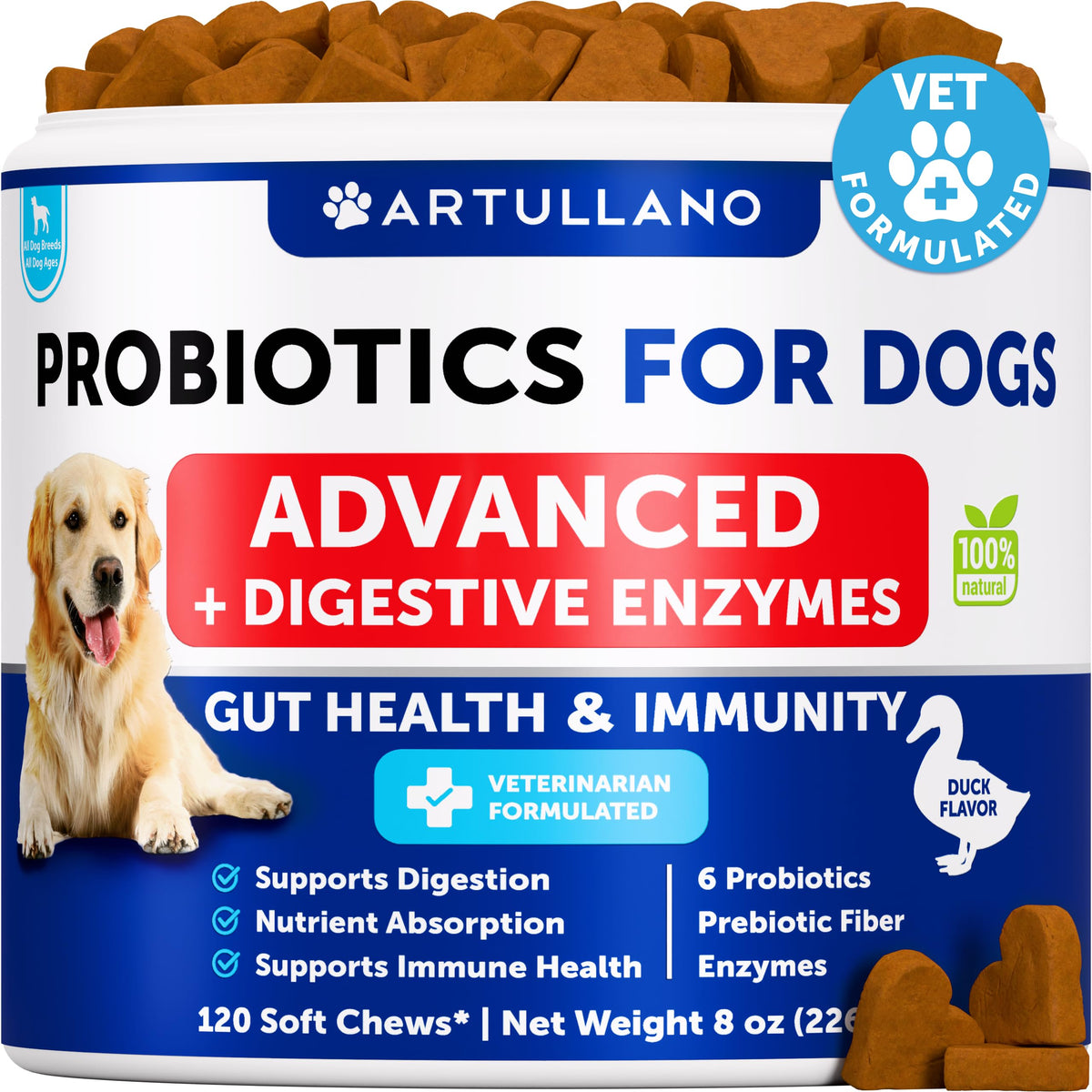 Artullano probióticos para perros: gomitas sabor pato, apoyo digestivo suave.