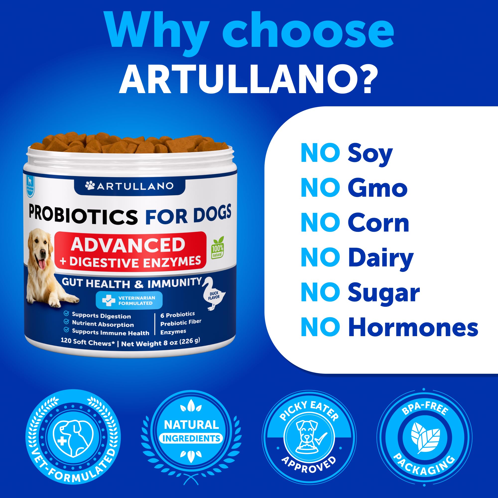 Artullano probióticos para perros: sin colorantes artificiales, sabor pato.