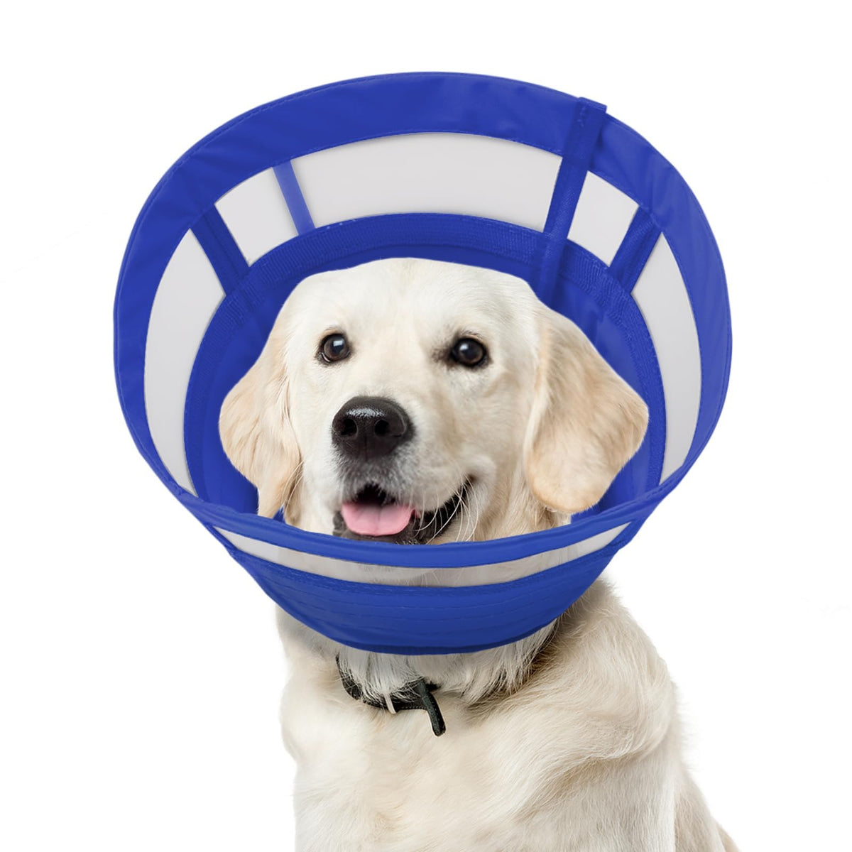 ASENKU cone suave ajustable azul, vista frontal, protege incisiones sin bloquear la vista.