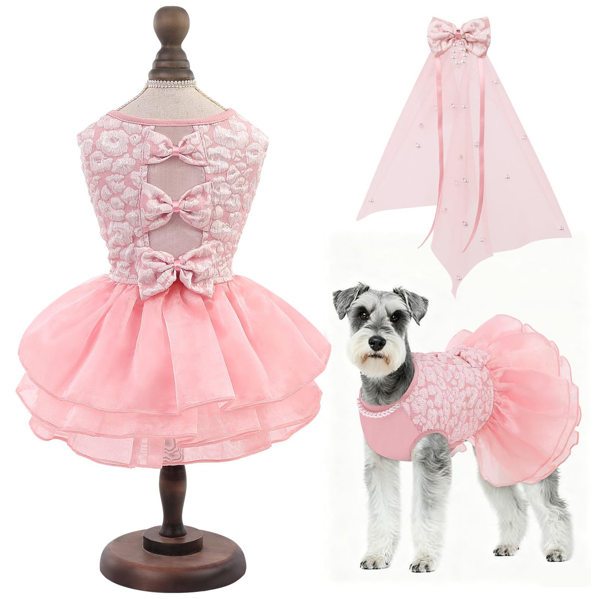 ASENKU vestido para perro con velo y collar de perla, ideal para bodas.