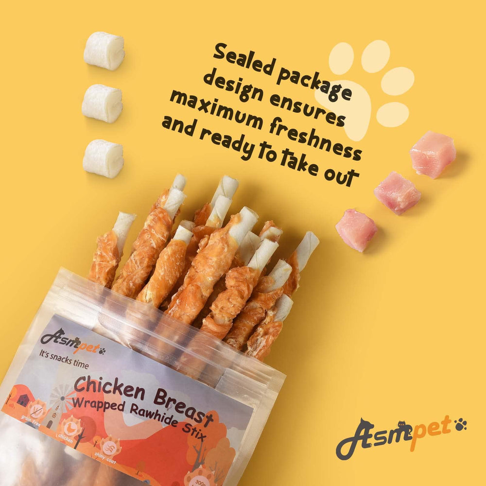 ASMPET palitos de pollo envueltos en piel cruda, sabor natural para premiar.