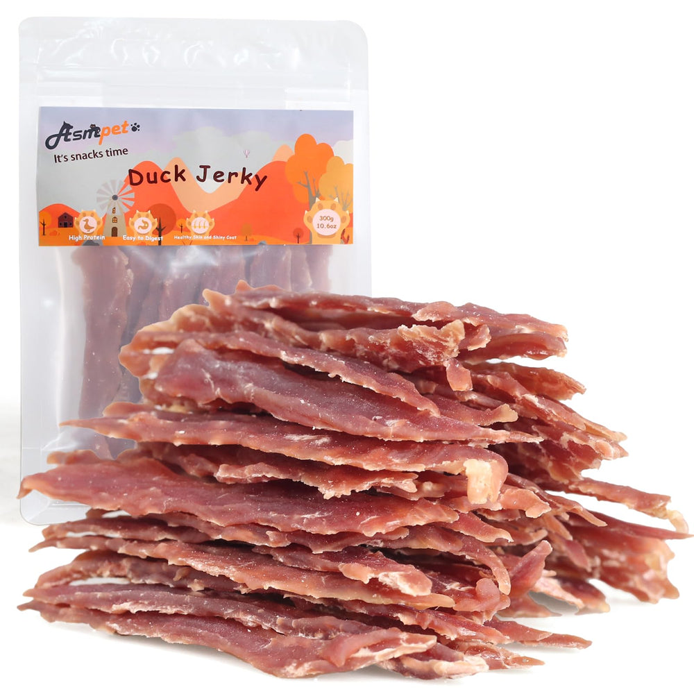 ASMPET jerky-pato-100-real, snack proteico para perros activos.