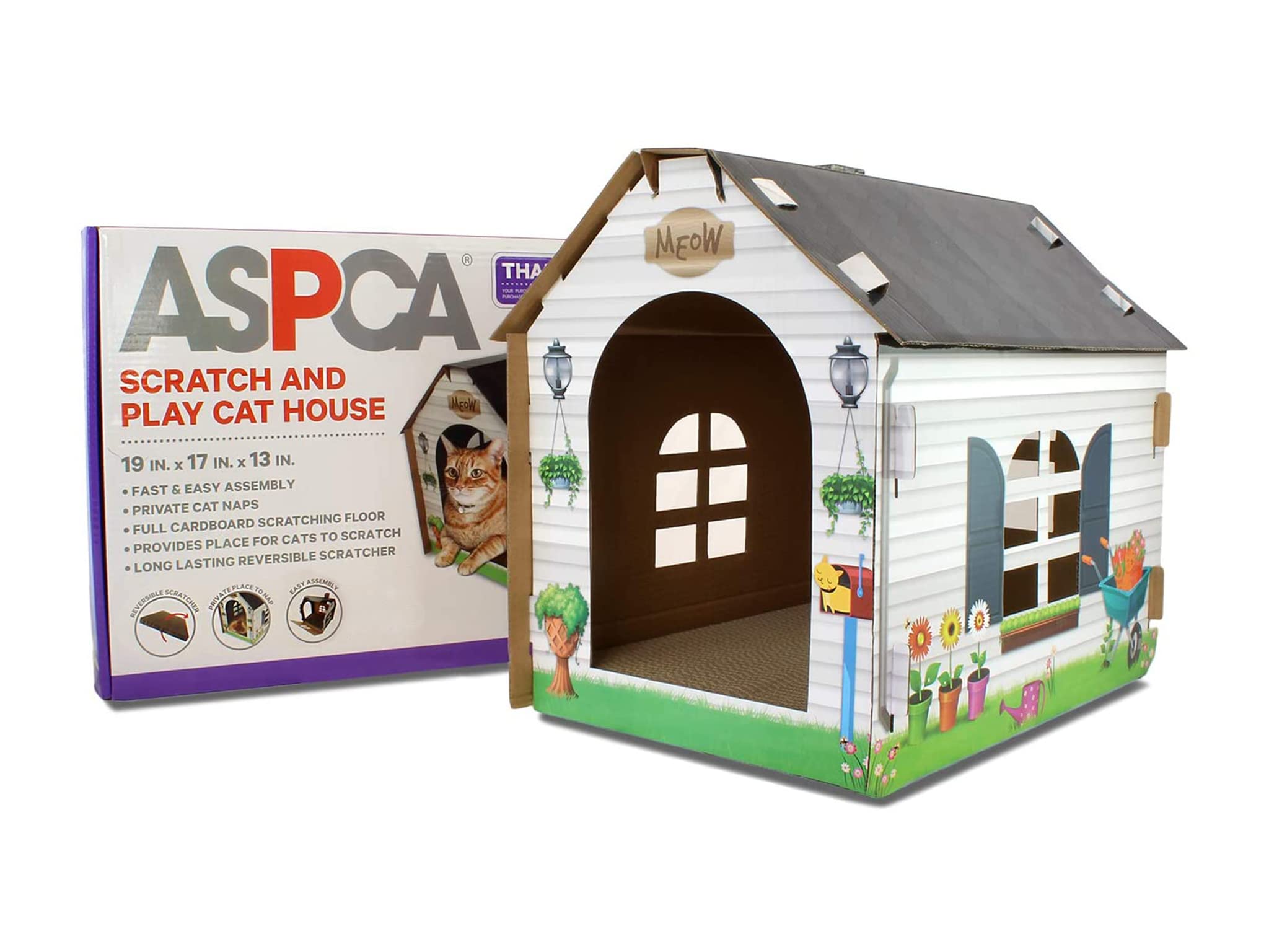 ASPCA casa de cartón, interior privado para descanso cómodo.