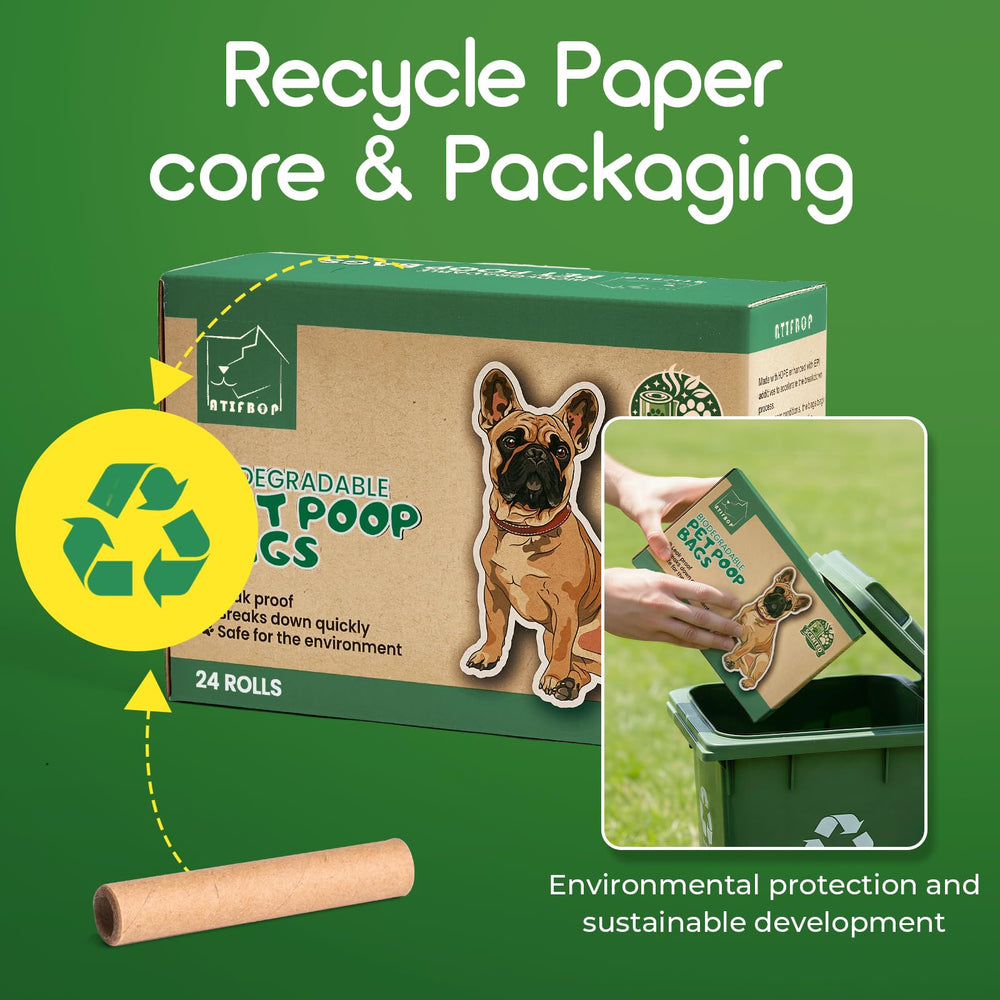 Utilisation polyvalente ATIFBOP sacs crottes chien, idéal pour litière et déchets.