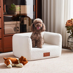 Sofá para perros ATJafurn blanco con pelo sintético, descanso suave y cálido.