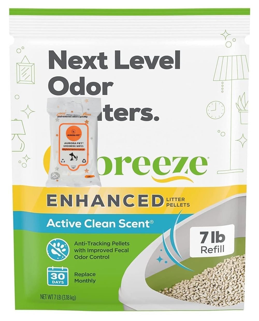 Aurora Pet Cat Breeze pellets en empaque para compra conveniente y uso inmediato.