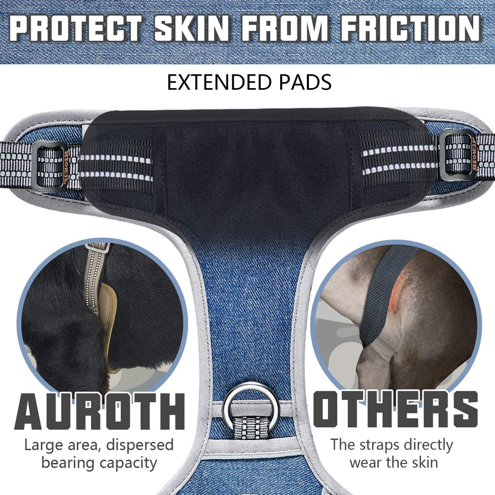 Arnés AUROTH denim azul con puntos de presión ergonómicos para comodidad.