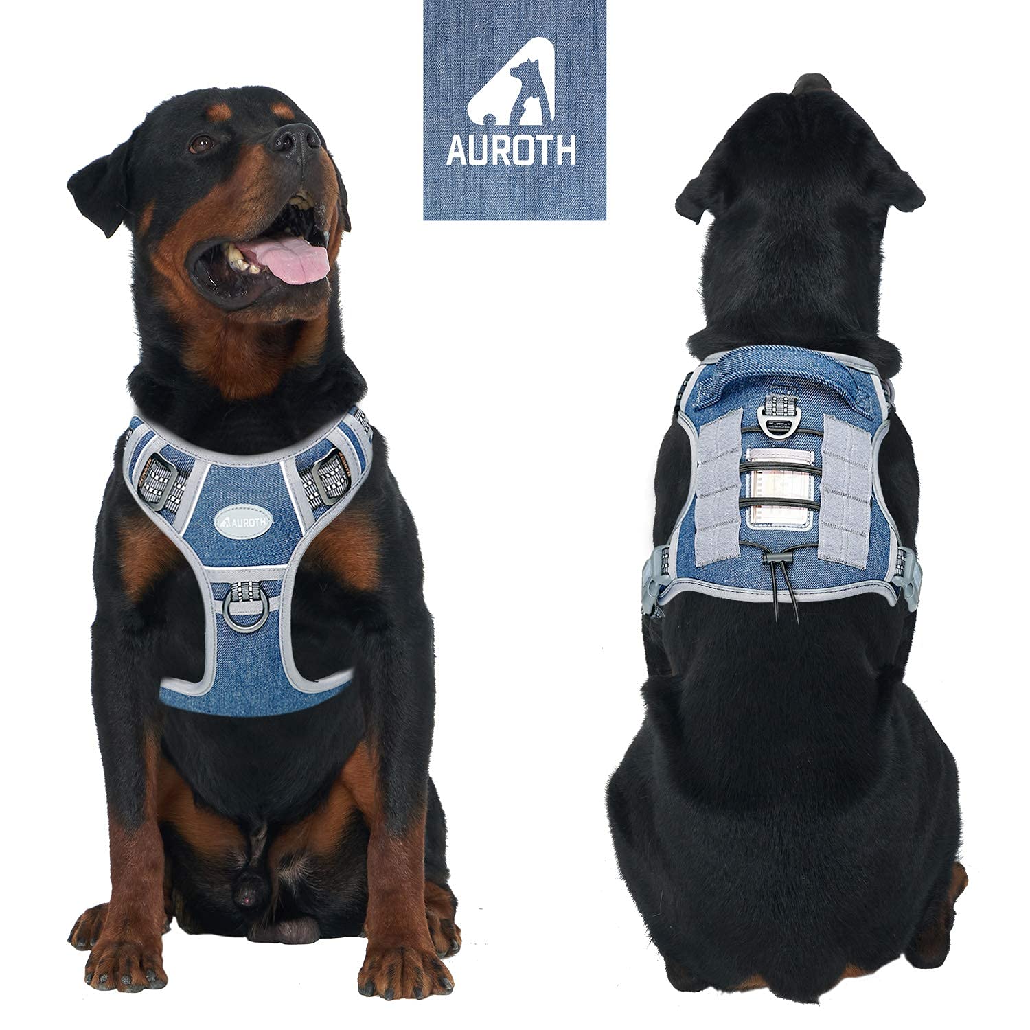 AUROTH arnés táctico para perro denim azul, vista lateral para control cómodo.