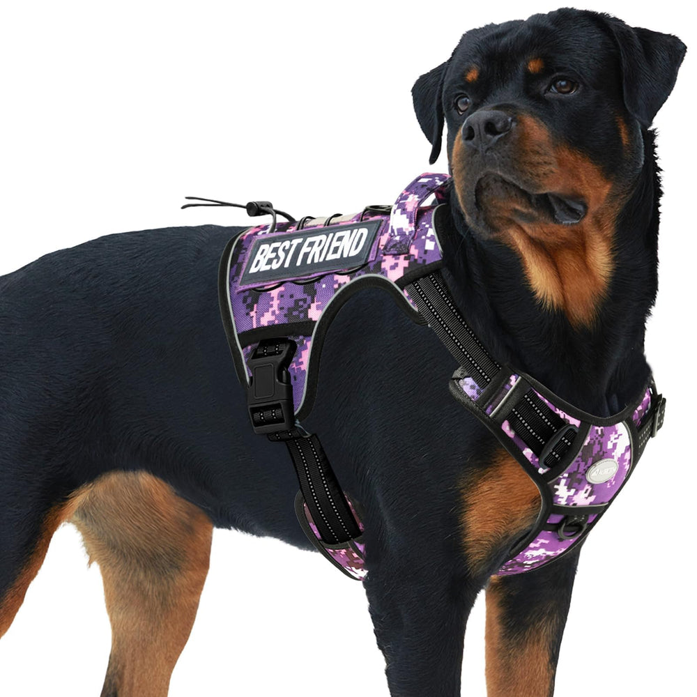 Arnés táctico AUROTH para perro XL en camuflaje morado, ajuste frontal cómodo.