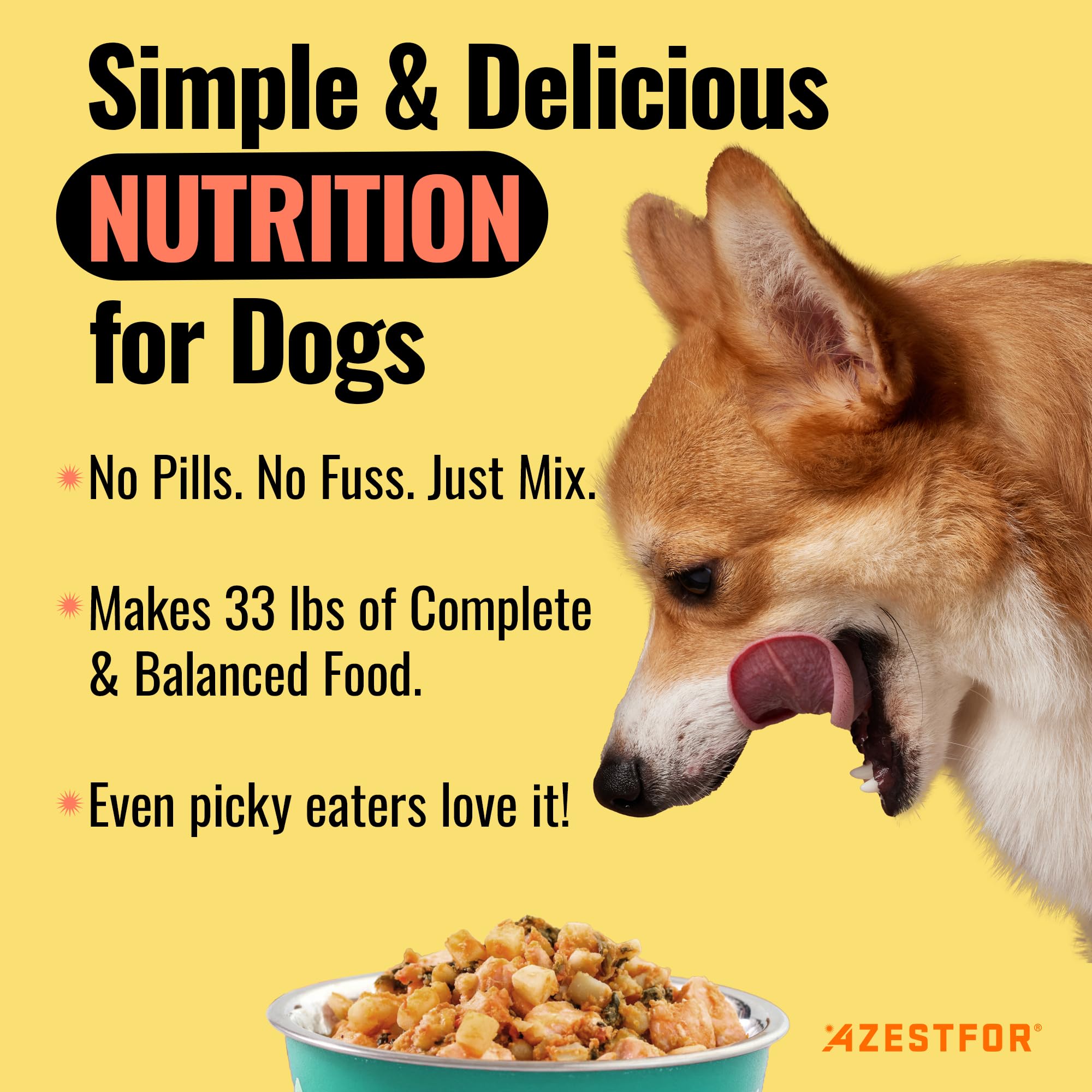 Mezcla de dieta holística para perros con Azestfor para nutrición equilibrada.