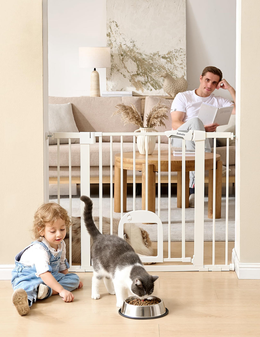 Babelio Puerta bebé con puerta gatito ajustable para paso cómodo.