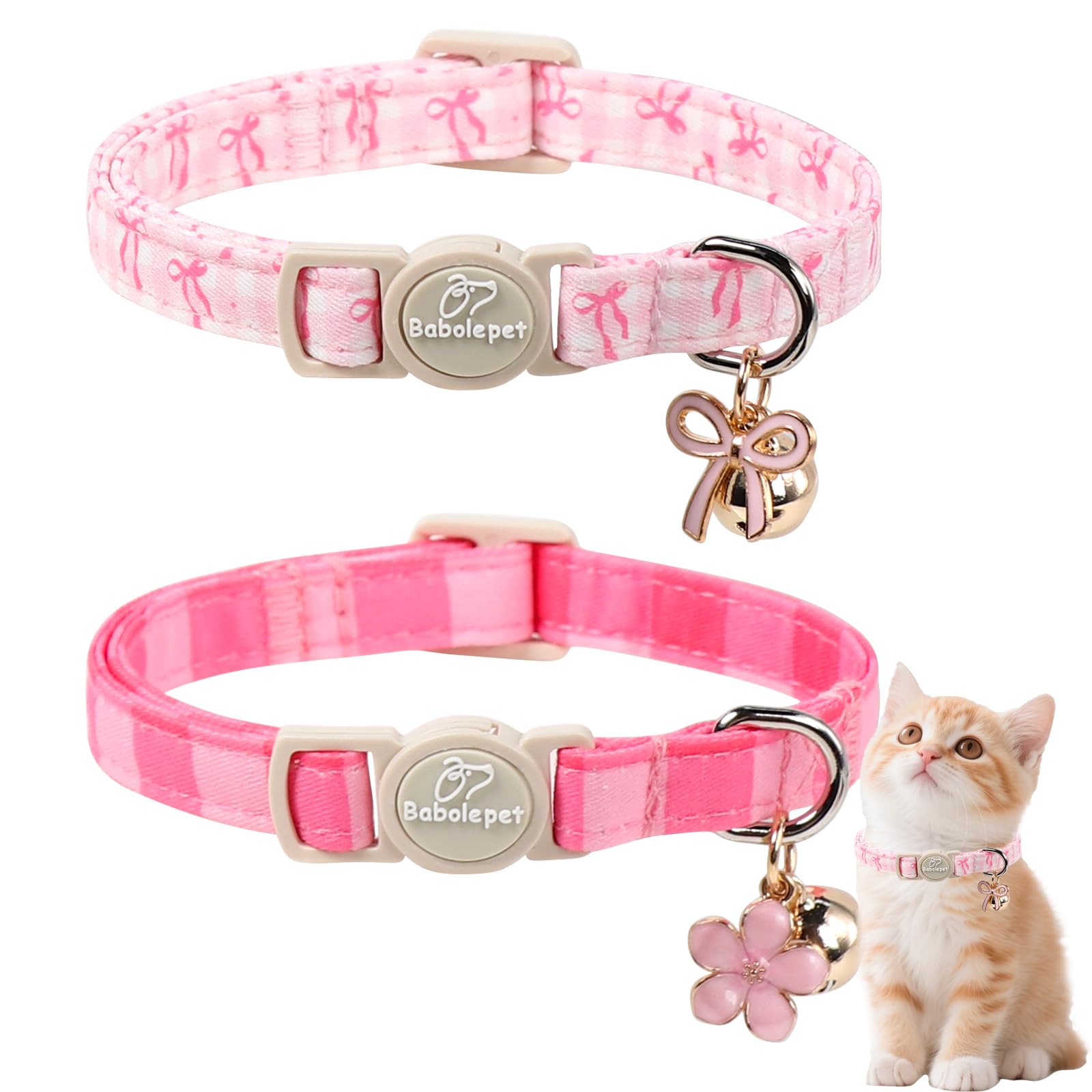 Colar Babole Pet rosa con lazo y cascabel, seguridad de ruptura
